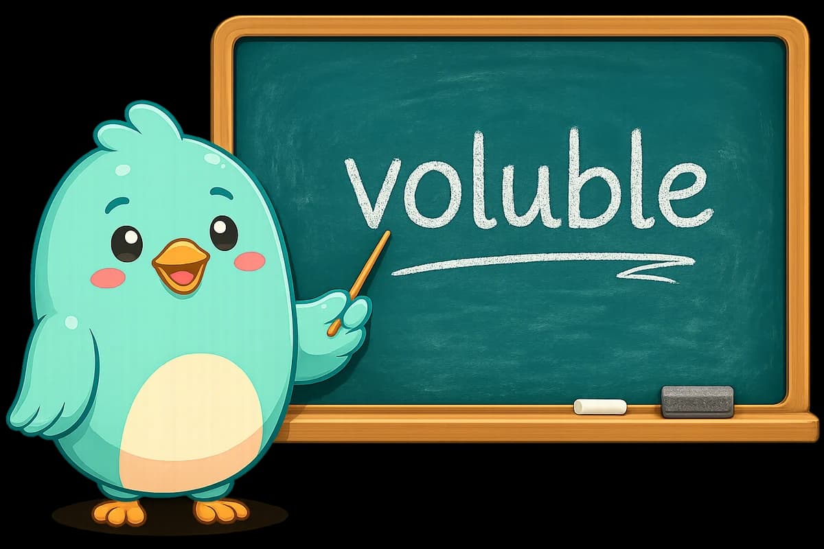 Voli pointing to the word voluble written in chalk on a classroom blackboard